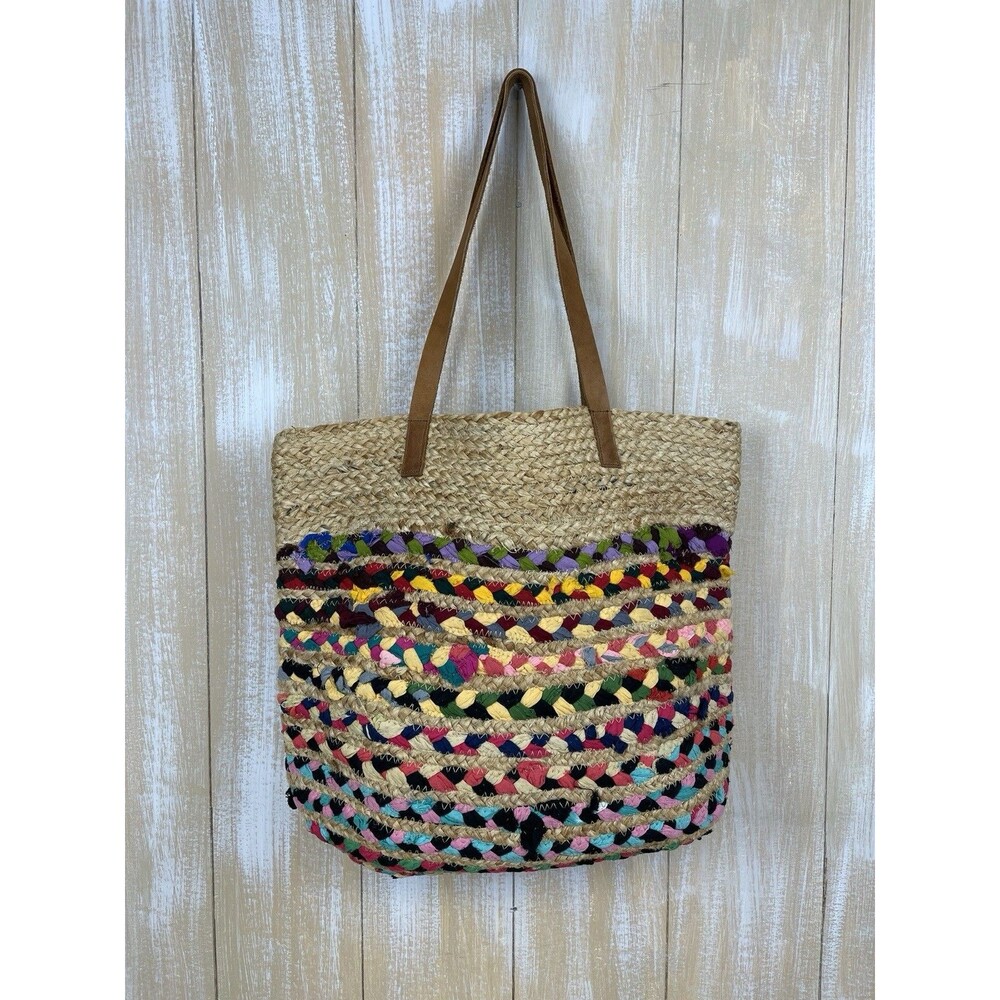 Jute Ethnic Colorful Hand Tote Bag w/ Leather Straps - Picture 2 of 9